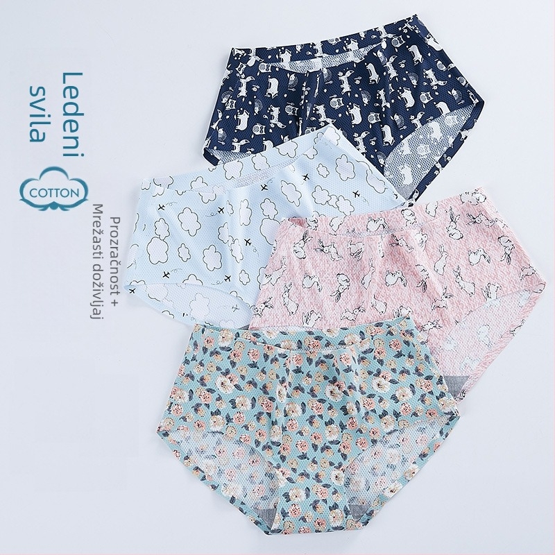 Ženske gaćice sa srednjim strukom, Ice Silk, cvjetni uzorak, prozračan, pamukasta podstava, lagani ljetni stil, Plus Size