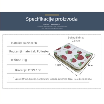 Ženski novčanik za kartice s zipom – kompaktan, s višestrukim pretincima za kartice, voćni uzorak, PU materijal