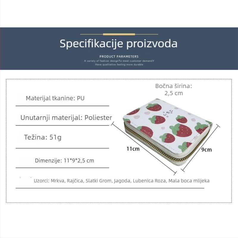Ženski novčanik za kartice s zipom – kompaktan, s višestrukim pretincima za kartice, voćni uzorak, PU materijal