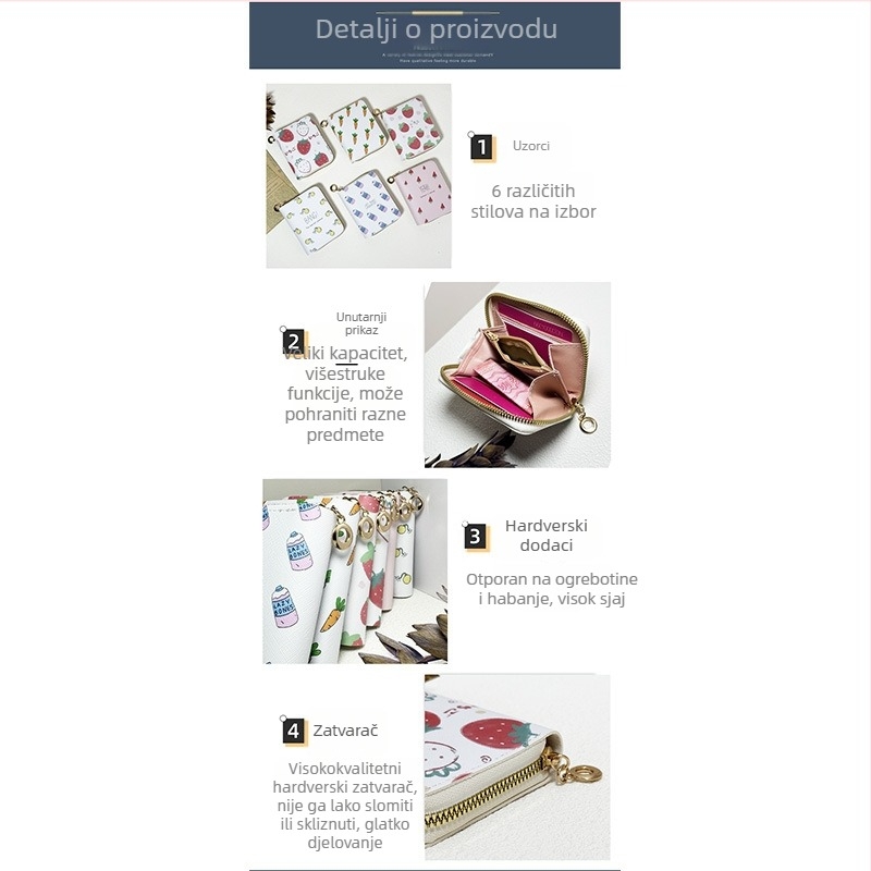 Ženski novčanik za kartice s zipom – kompaktan, s višestrukim pretincima za kartice, voćni uzorak, PU materijal