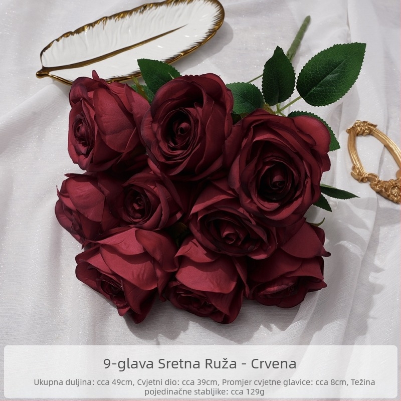 Devet-stabljeni buket umjetnih ruža od svilenih cvjetova, luksuzan izgled, za dekoriranje dnevnog boravka i svadbene cvjetne aranžmane.