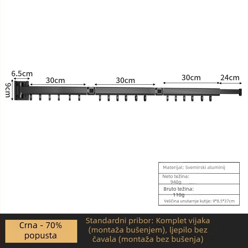 Izvlačna zidna sušionica za odjeću, od aluminijskog legura, moderan minimalistički dizajn