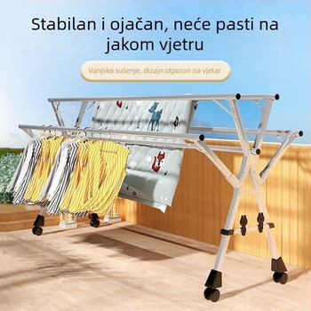 Podni stalak za sušenje odjeće s pet šipki, nehrđajući čelik, za unutarnju i vanjsku upotrebu, sklopivi.