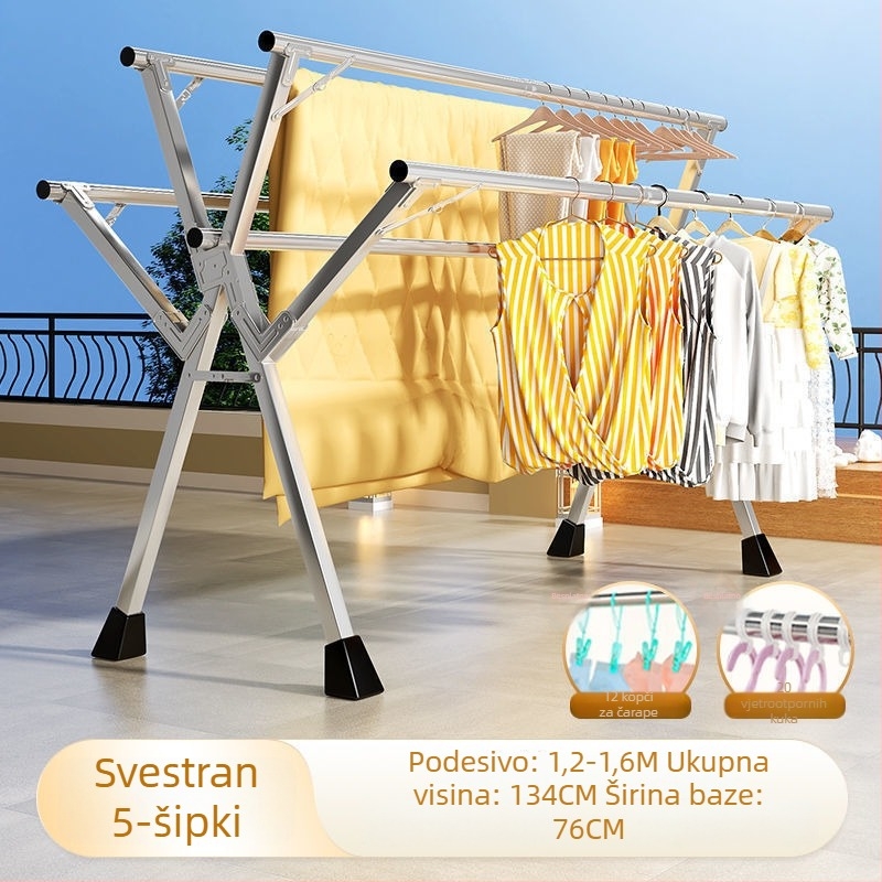 Podni stalak za sušenje odjeće s pet šipki, nehrđajući čelik, za unutarnju i vanjsku upotrebu, sklopivi.