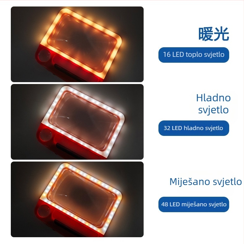 Punjaiva ručna lupa s 48 LED, trobojnim osvjetljenjem, prilagodljivom svjetlošću, 5x i 10x povećanje za čitanje i provjeru