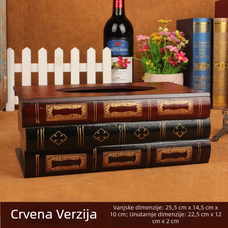 Kutija za maramice u formi knjige, europskog vintage stila, drvena imitacija, pogodna za restorane i hotele, velika veličina