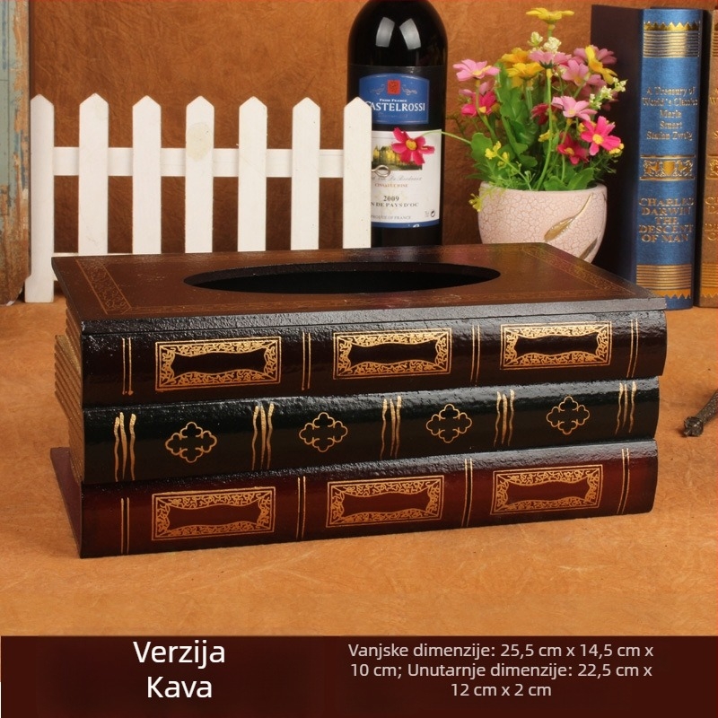 Kutija za maramice u formi knjige, europskog vintage stila, drvena imitacija, pogodna za restorane i hotele, velika veličina