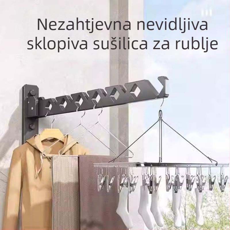 Sklopivi sušilac za odjeću bez bušenja, za prozore i balkone, nevidljiva šipka za sušenje u kupaonici i tušu, zidni nosač