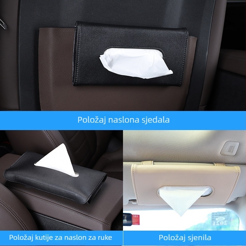 Kožna držač za maramicu za automobil, visećeg tipa, kompatibilan s vizirom za sunce, naslonom sjedala i krovnim otvorom — unutarnji auto dodatak