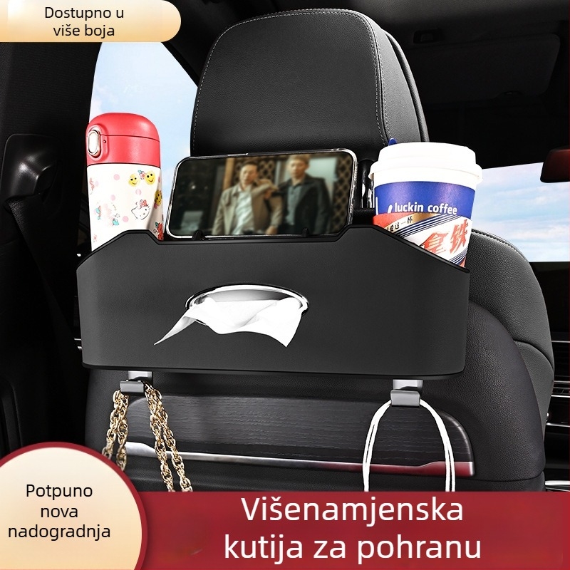 Kožni organizator za stražnju sjedalu automobila s kutijom za maramice i držačem čaša