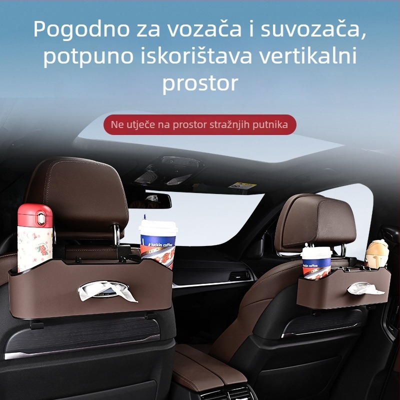 Kožni organizator za stražnju sjedalu automobila s kutijom za maramice i držačem čaša