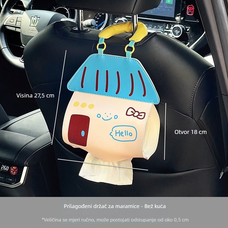 Viseća kutija za maramice za auto sa slatkim crtanim dizajnom; unutarnja dekoracija automobila; džep za maramice iza naslona sjedala. Dimenzije: 23,5 cm duljine x 29,5 cm visine.