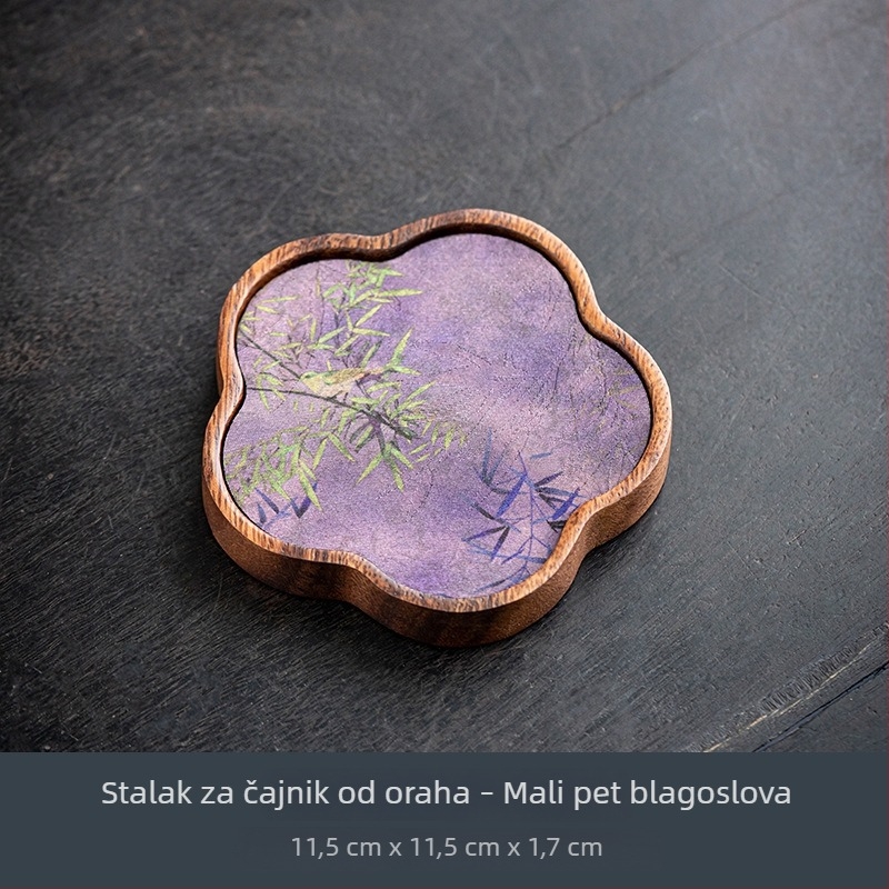 Držač za čajnik i pladanj od orahovog drveta, kompaktni kinesko-zen stil, suho pripremanje, vodootporna površina i toplinska izolacija
