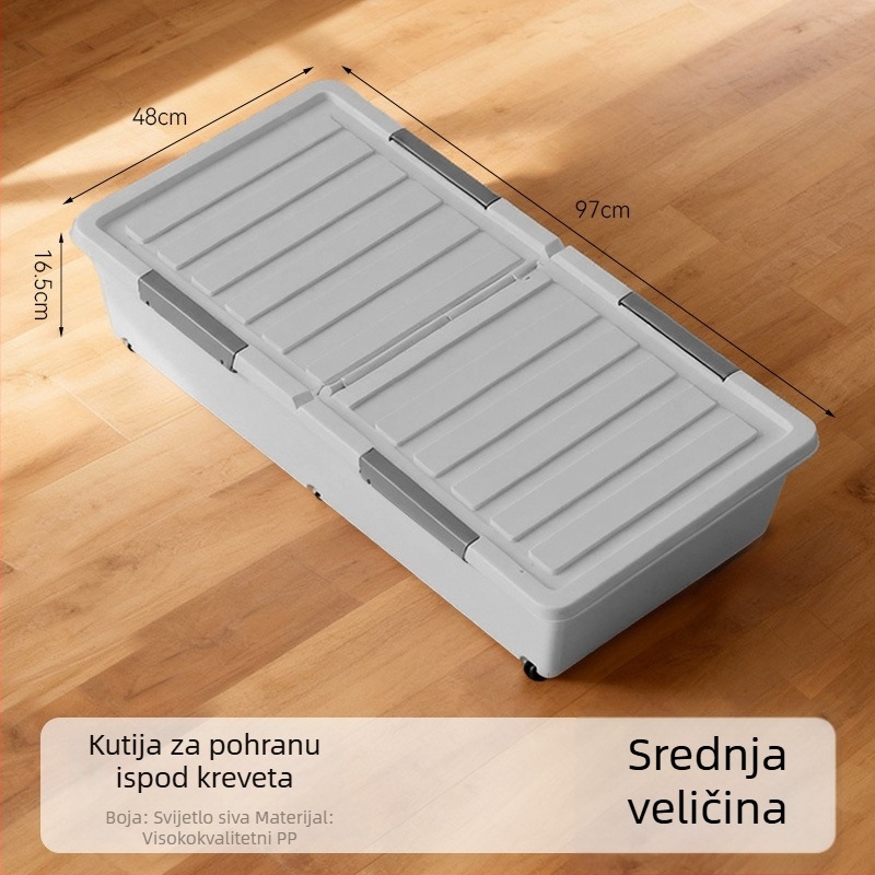 Kutija za pohranu ispod kreveta s kotačićima, plosnatog dizajna s ladicama, plastični organizator s poklopcem za odjeću i deke