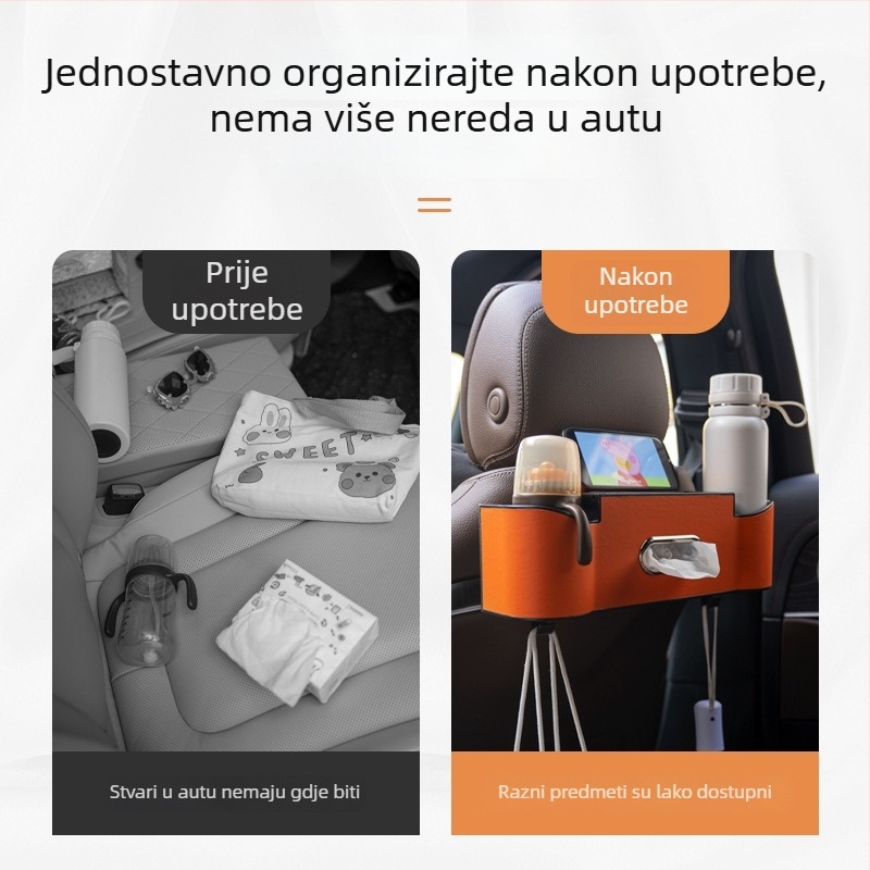 Višenamjenski plastični organizator za stražnje sjedalo – držač maramica, držač čaša i prostor za pohranu u automobilu