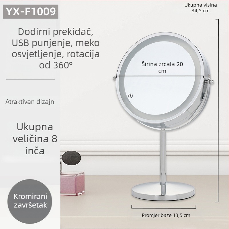 Stolno ogledalo za šminkanje s dvostrukim licem, europskog stila, HD povećanje, metalni okvir, veličina 7–8 inča