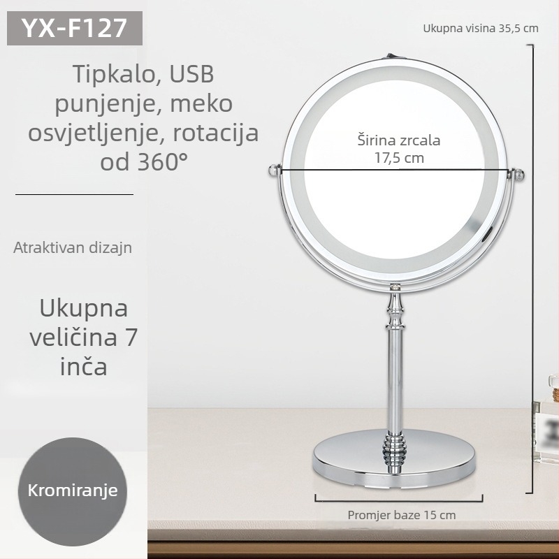 Stolno ogledalo za šminkanje s dvostrukim licem, europskog stila, HD povećanje, metalni okvir, veličina 7–8 inča