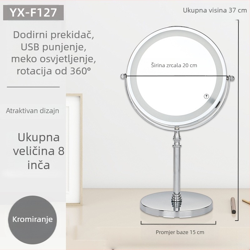 Stolno ogledalo za šminkanje s dvostrukim licem, europskog stila, HD povećanje, metalni okvir, veličina 7–8 inča