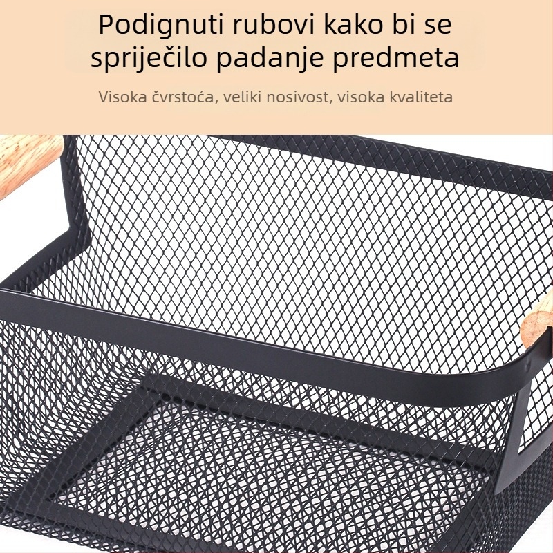 Stolna višefunkcionalna košara za odlaganje s mrežastim dizajnom i drvenom ručkom, za kuhinju i dom, za povrće, voće i sitne predmete, pravokutna