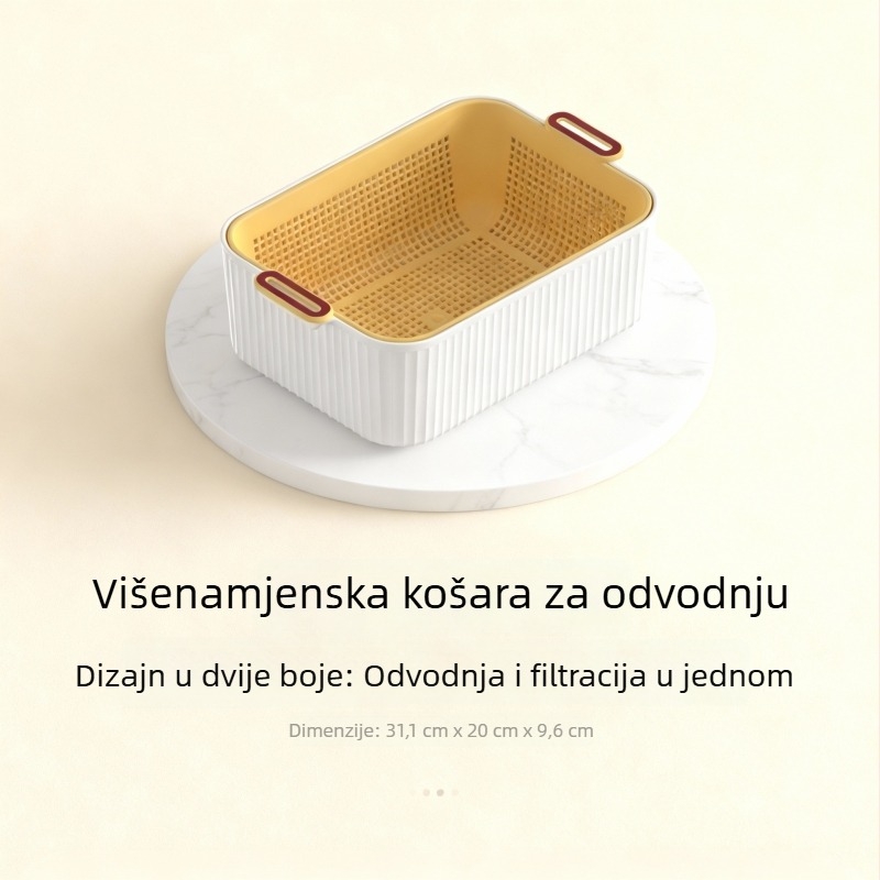 Kućna kuhinjska košara za voće i povrće, višenamjenska odvodna košara, dvostruki sloj, kvadratnog oblika, velike kapacitete