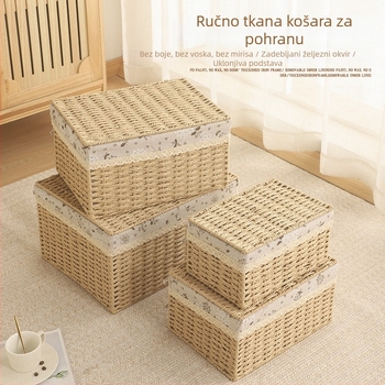 Set od 4 pletenih košara za pohranu s poklopcem u stilu imitate ratana – organizatori za odjeću i dodatke