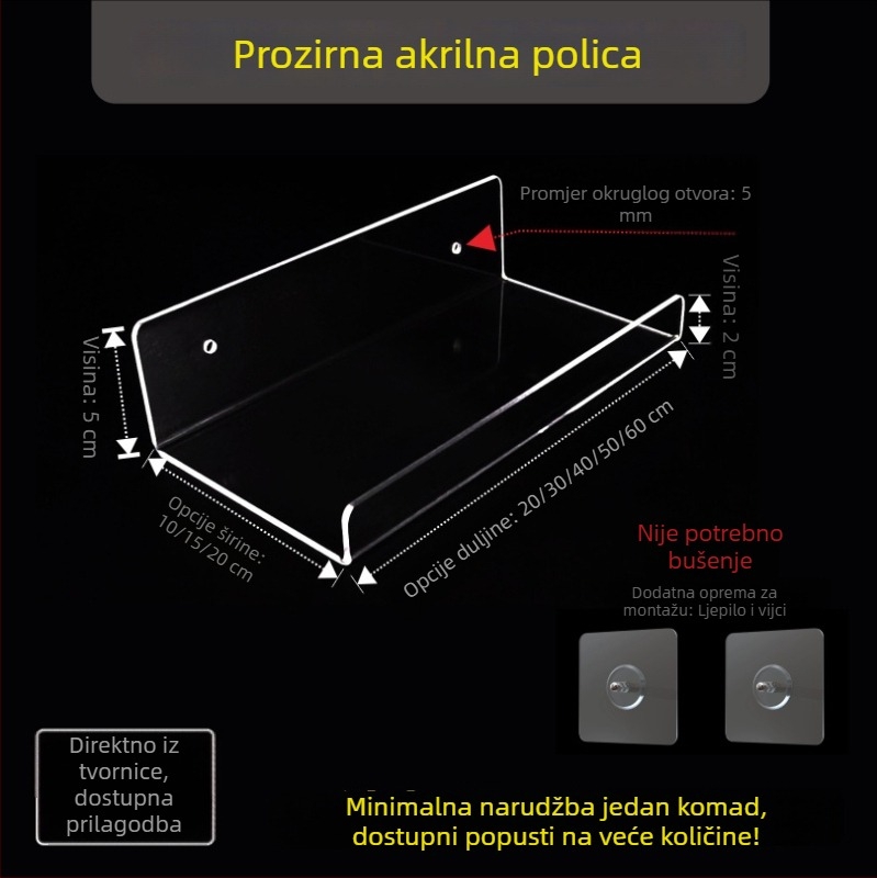 Akrilni zidni skladišni regal u obliku L i U, bez bušenja, za kupaonicu i kuhinju