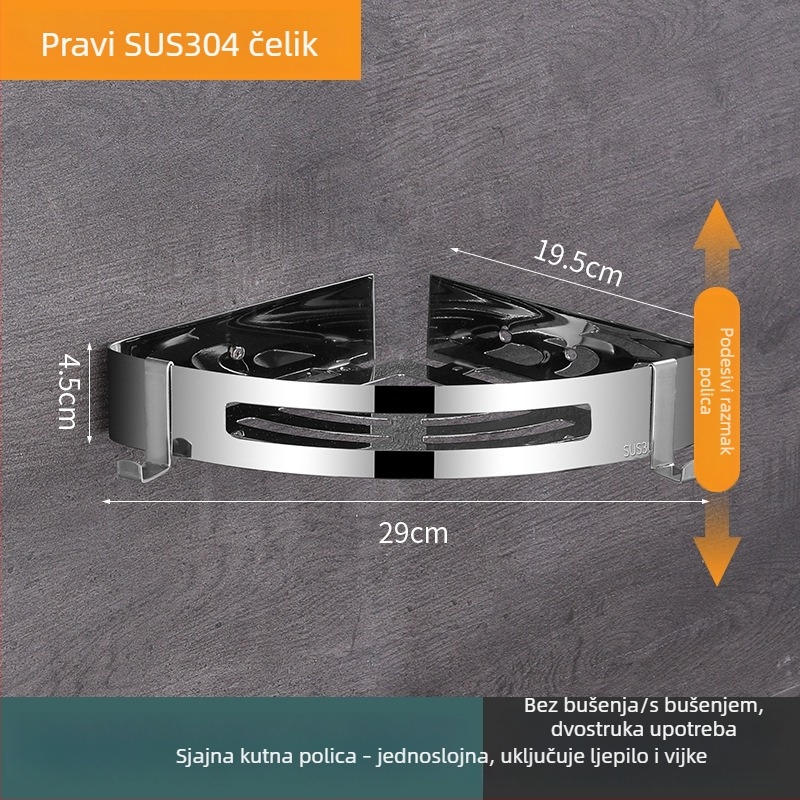 304 nehrđajući čelik, zidni ormarić za kupaonicu s trokutastom košarom, bez bušenja, 3 sloja