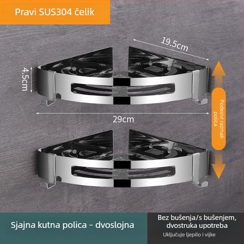 304 nehrđajući čelik, zidni ormarić za kupaonicu s trokutastom košarom, bez bušenja, 3 sloja
