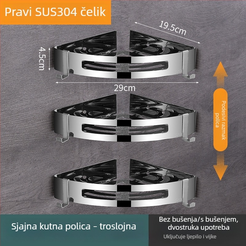 304 nehrđajući čelik, zidni ormarić za kupaonicu s trokutastom košarom, bez bušenja, 3 sloja