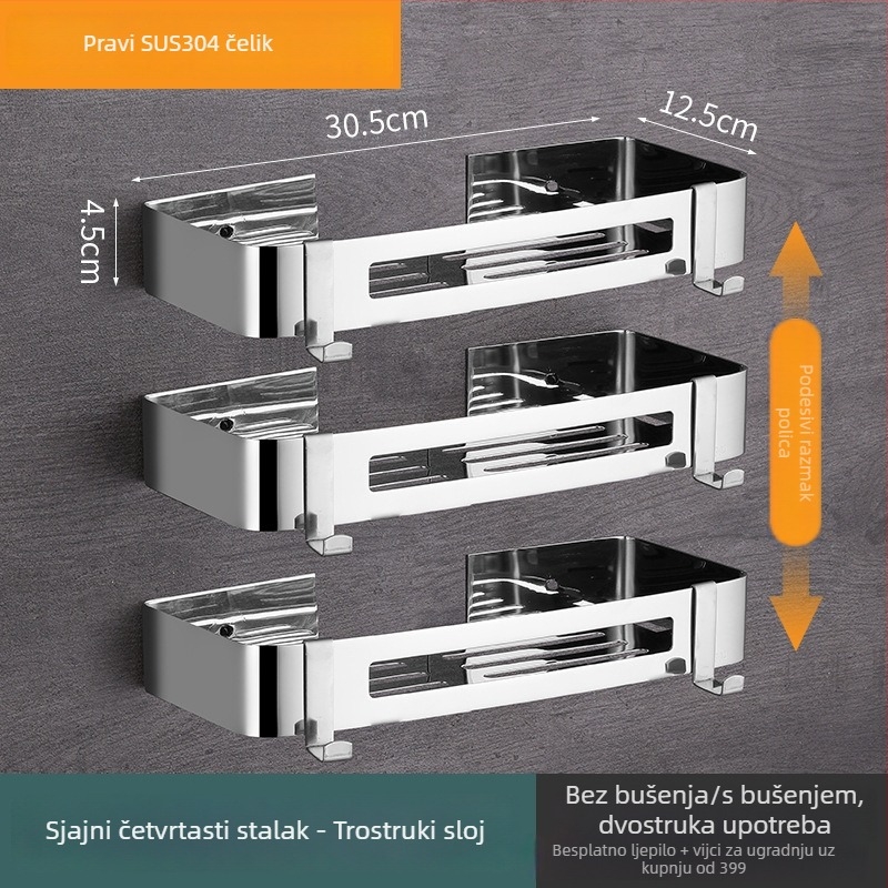 304 nehrđajući čelik, zidni ormarić za kupaonicu s trokutastom košarom, bez bušenja, 3 sloja
