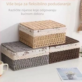 Pleten koš za pohranu s poklopcem za stolnu uporabu – organiziranje kozmetike, grickalica, sitnica, donjeg rublja, ključeva i daljinskih upravljača