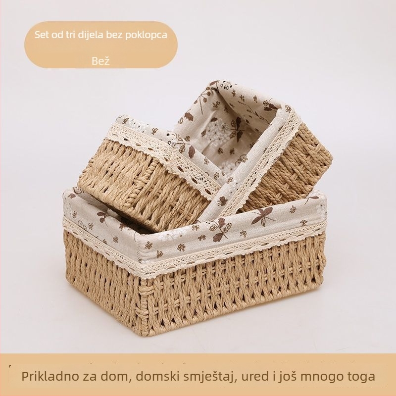 Pleten koš za pohranu s poklopcem za stolnu uporabu – organiziranje kozmetike, grickalica, sitnica, donjeg rublja, ključeva i daljinskih upravljača