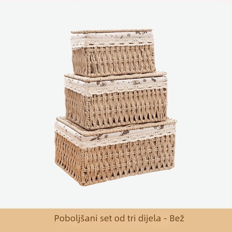 Pleten koš za pohranu s poklopcem za stolnu uporabu – organiziranje kozmetike, grickalica, sitnica, donjeg rublja, ključeva i daljinskih upravljača