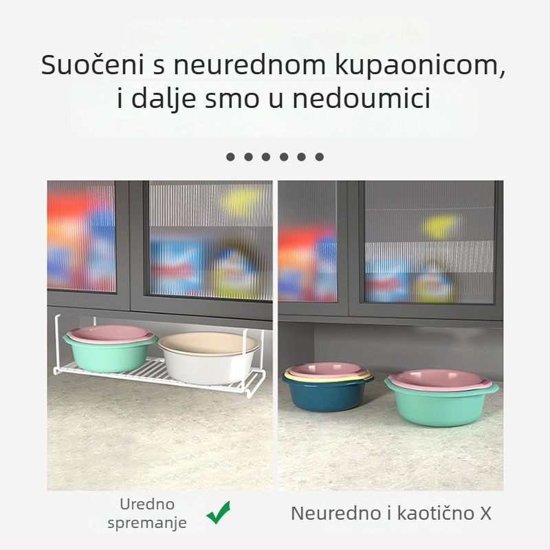 Dvostupanjski stalak ispod umivaonika za kupaonicu sa visećom košarom, od karbonskog čelika, montaža na kukama