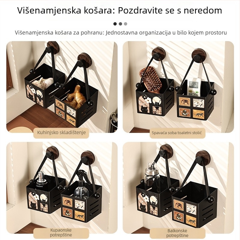 Antički zidni koš za skladištenje s usisnim držačima; dnevni boravak, kuhinja i kupaonica; viseći koš za kozmetiku, đumbir i češnjak s odvajanjem