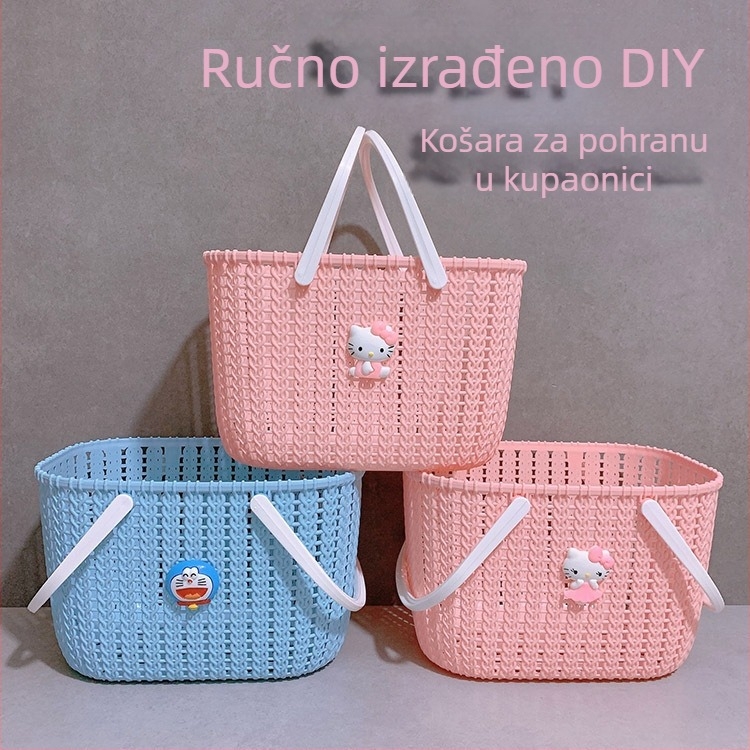 Prijenosna košara za pohranu od imitacije ratana, kupaonski viseći/stolni organizator, sladak crtani dizajn, plastika, plava