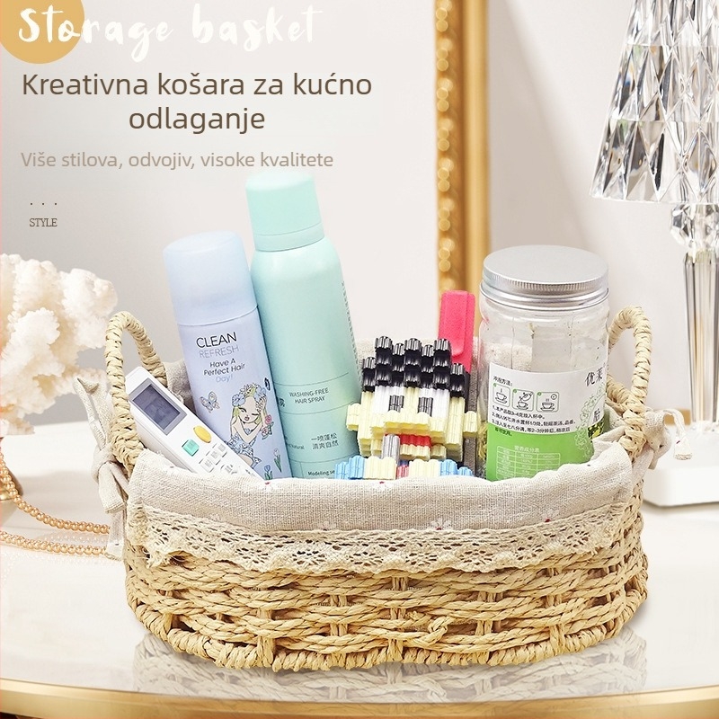 Pleteni košar od slame, papira i tkanine za stolni prostor — organizator za kozmetiku, knjige, školski pribor i sitnice
