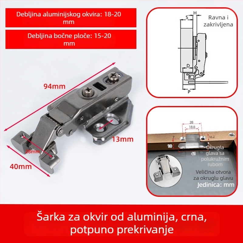 Aluminijski okvir za staklena vrata – šarke za vitrine i ormariće s tlomljenjem, minimalistički profil