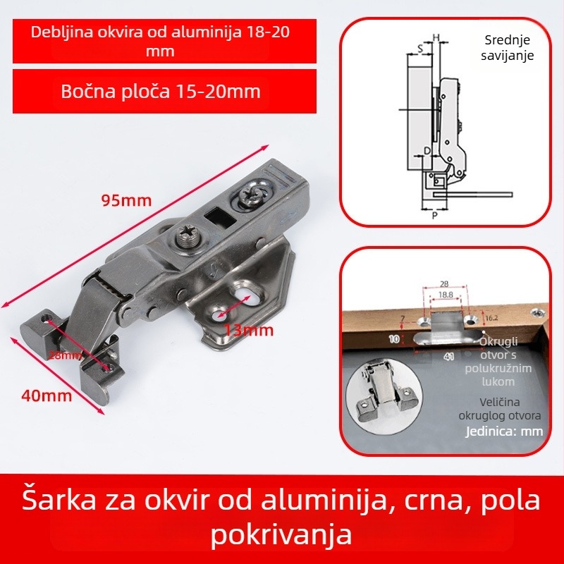Aluminijski okvir za staklena vrata – šarke za vitrine i ormariće s tlomljenjem, minimalistički profil