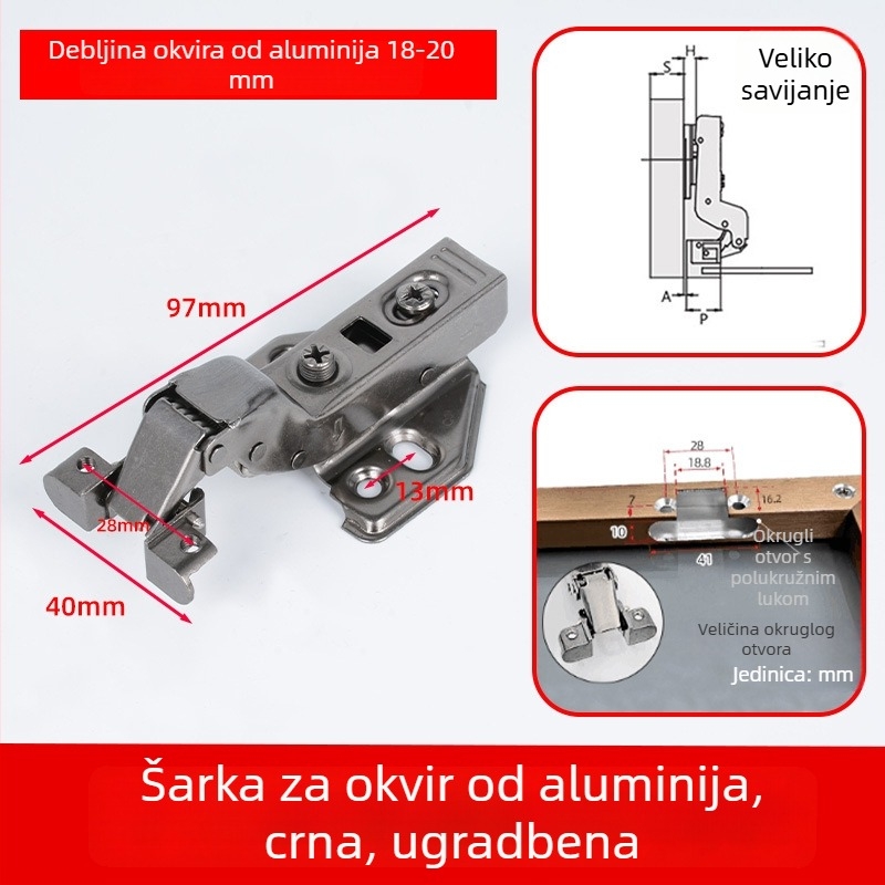 Aluminijski okvir za staklena vrata – šarke za vitrine i ormariće s tlomljenjem, minimalistički profil
