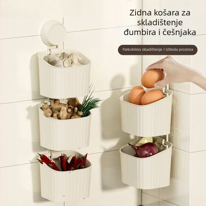 Plastična kuhinjska polica s usisnim čašicama za skladištenje luka, đumbira i češnjaka; zidni koš bez bušenja