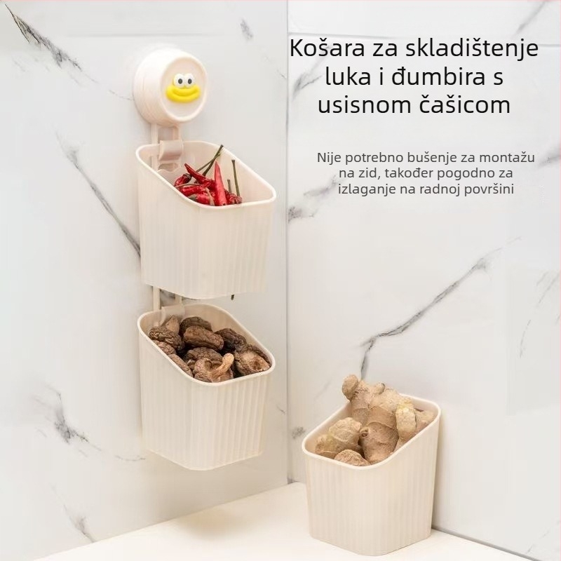 Plastična kuhinjska polica s usisnim čašicama za skladištenje luka, đumbira i češnjaka; zidni koš bez bušenja