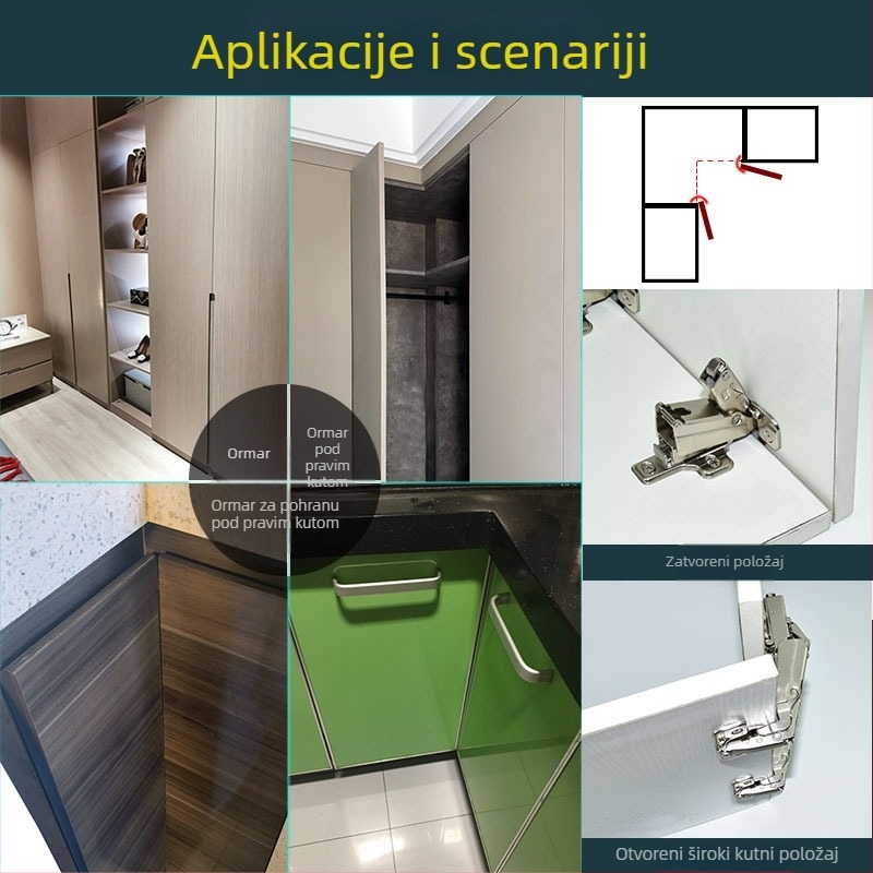 Šarka za kutne ormarske vrata s amortizerom, 165 stupnjeva, niklirani čelik