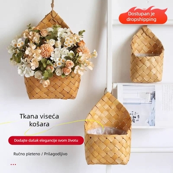 Zidni viseći koš za cvijeće, ručno pleten od pruća, za sušeno cvijeće i sitne predmete, košarica za ključeve, kućna dekoracija