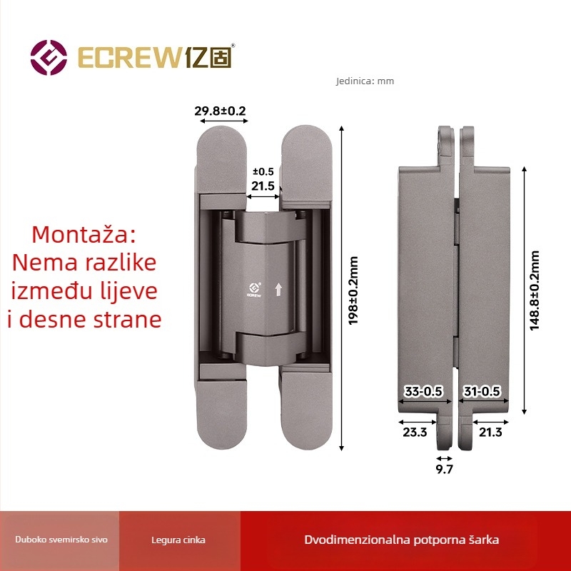 Trodimenzionalno prilagodljiv skriveni šarnir s amortizatorom, tihim automatskim zatvaranjem, skrivena ugradnja, križni šarnir s amortizatorom