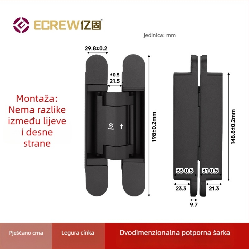 Trodimenzionalno prilagodljiv skriveni šarnir s amortizatorom, tihim automatskim zatvaranjem, skrivena ugradnja, križni šarnir s amortizatorom