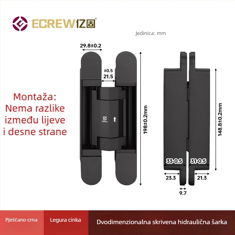 Trodimenzionalno prilagodljiv skriveni šarnir s amortizatorom, tihim automatskim zatvaranjem, skrivena ugradnja, križni šarnir s amortizatorom