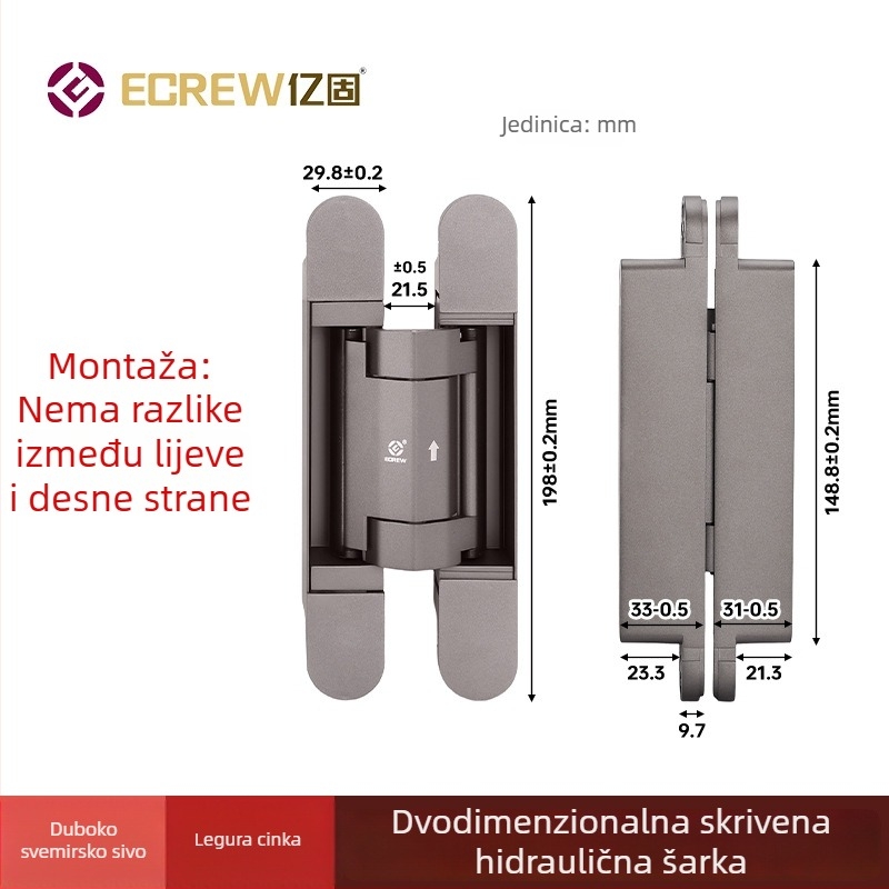 Trodimenzionalno prilagodljiv skriveni šarnir s amortizatorom, tihim automatskim zatvaranjem, skrivena ugradnja, križni šarnir s amortizatorom