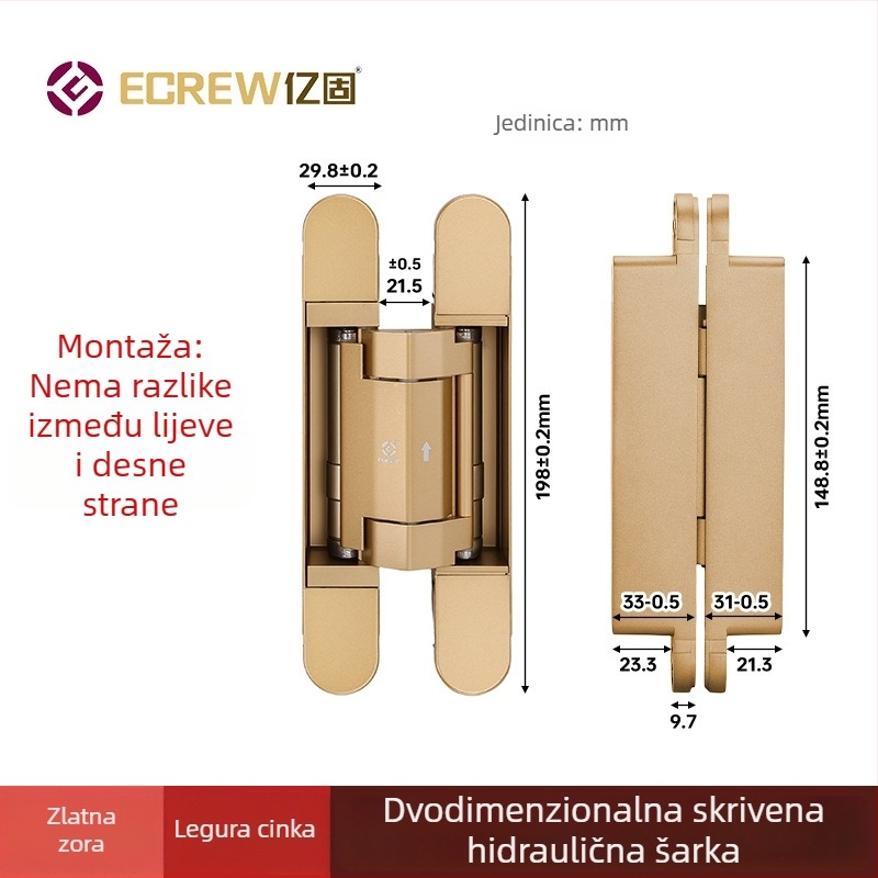 Trodimenzionalno prilagodljiv skriveni šarnir s amortizatorom, tihim automatskim zatvaranjem, skrivena ugradnja, križni šarnir s amortizatorom