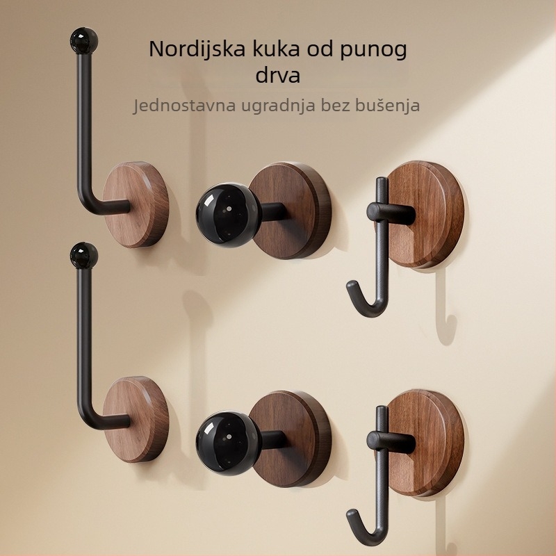 Nordijska masivna drvena vješalica za kapute od orahovog drveta, zidna bez bušenja, samoljepiva, elegantnog dizajna